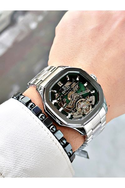 Reward Silver Color Automatic Skeleton Square Model Mechanism Men Wristwatch + Bracelet