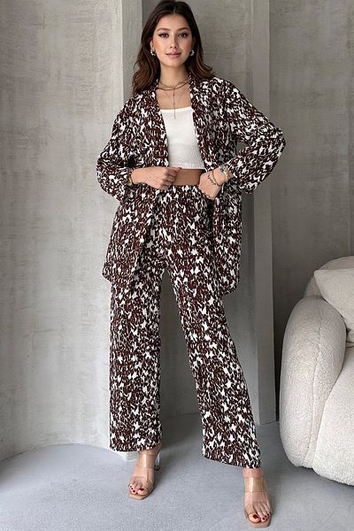 EYYE Brown White Patterned Kimono Pants Women's Bottom Top Set