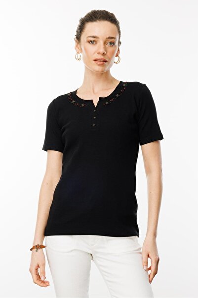 Desen Triko Tricou de damă din bumbac brodat cu mărgele, negru