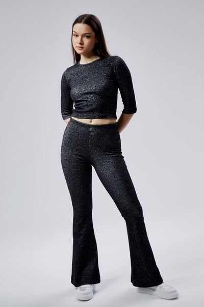 M MOONCOVER Mooncover Kadın Simli Kumaş İspanyol Paça Tayt Crop Takım – Siyah