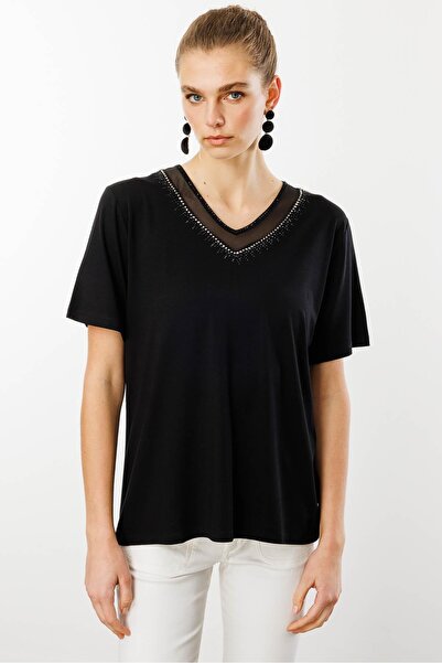 Desen Triko Kadın V Yaka Yakası Taşlı Penye T-shirt Siyah
