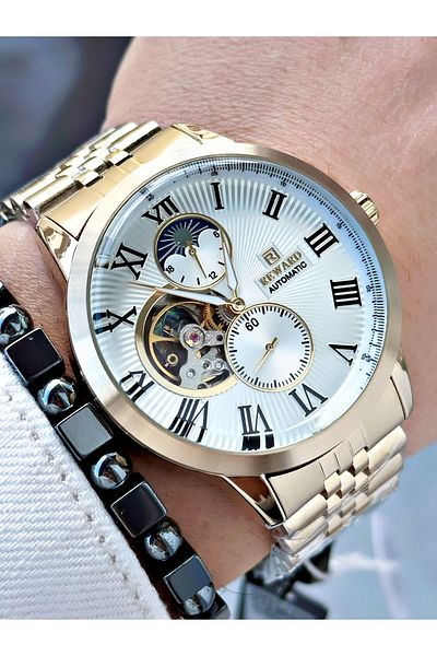 Reward Gold Color Automatic Mechanism Roman Numeral Men's Wrist Watch + Bracelet
