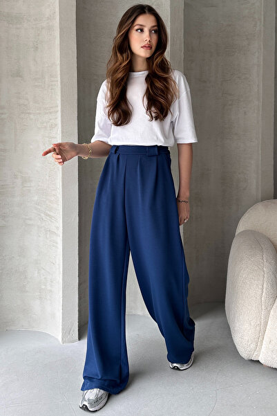 EYYE Saks Mavi Krep Kumaş Salaş Kesim Kadın Pantolon