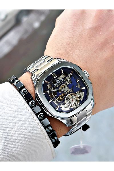 Reward Silver Color Automatic Skeleton Square Model Mechanism Men Wristwatch + Bracelet