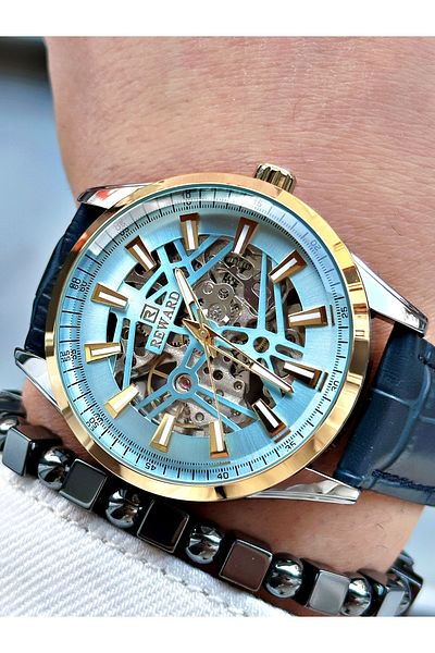 Reward Navy Blue Color Leather Cord Skeleton Model Automatic Men Wrist Watch + Bracelet