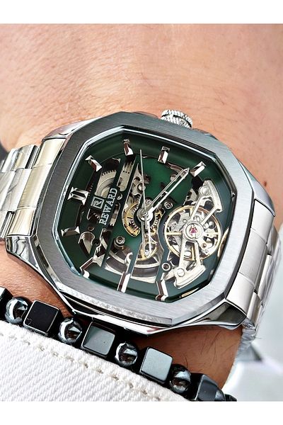 Reward Silver Color Automatic Skeleton Square Model Mechanism Men Wristwatch + Bracelet