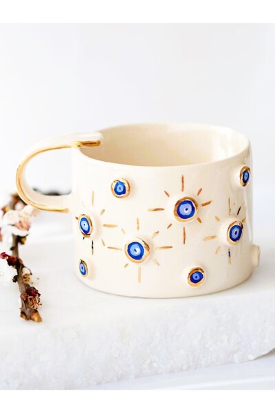 Monako Limited Edition 24 Ayar Altın Dekorlu, Nazar Kabartmalı, El Yapımı, Nazar Mug, Göz Mug, Evil Eye Mug, 220 ml