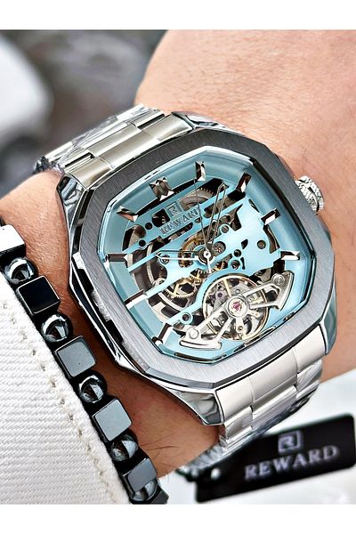 Reward Silver Color Automatic Skeleton Square Model Mechanism Men Wristwatch + Bracelet