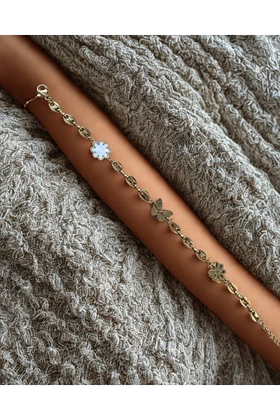 Mia Butterfly and Daisy Detailed Gold Color Steel Bracelet