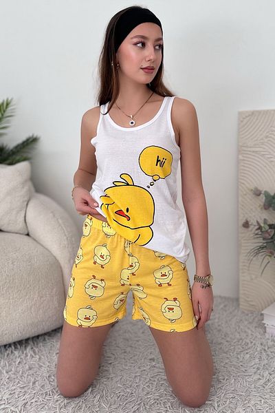 EYYE Set de pijamale pentru femei, pantaloni scurți din bumbac, galben alb