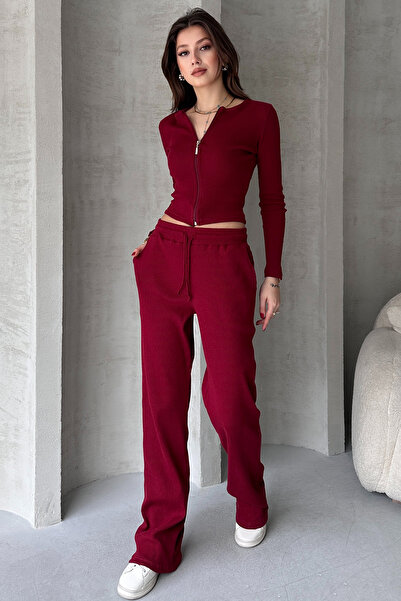 EYYE Bordo Kaşkorse Pantolon Fermuarlı Bluz Kadın Alt Üst Takım