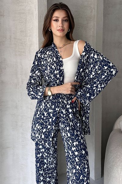 EYYE Navy Blue White Patterned Kimono Pants Women's Bottom Top Set