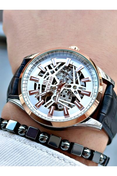 Reward Black Color Leather Cord Skeleton Model Automatic Men Wrist Watch + Bracelet