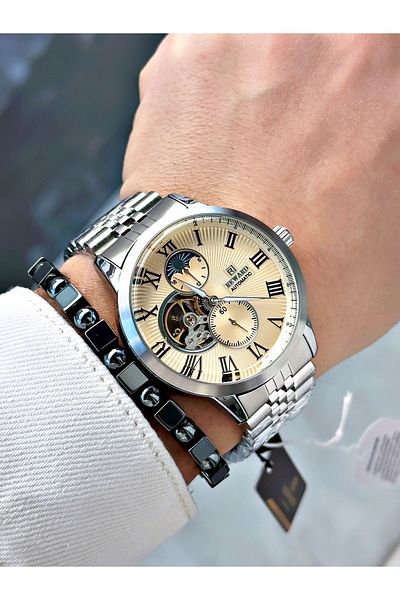 Reward Silver Color Automatic Mechanism Roman Numeral Men Wristwatch + Bracelet