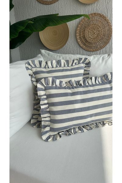 Decamor home Indigo Blue Ecru Striped Premium Linen Fabric Frilly Throw Pillow Cover 1 Pc