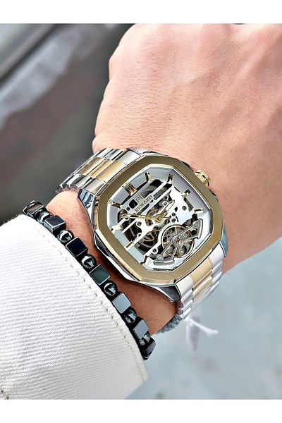 Reward Gold Silver Color Automatic Skeleton Square Model Mechanism Men Wristwatch + Bracelet