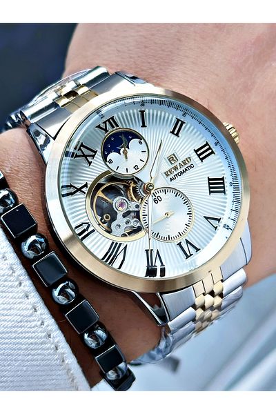 Reward Gold Silver Color Automatic Mechanism Roman Numeral Men Wristwatch + Bracelet
