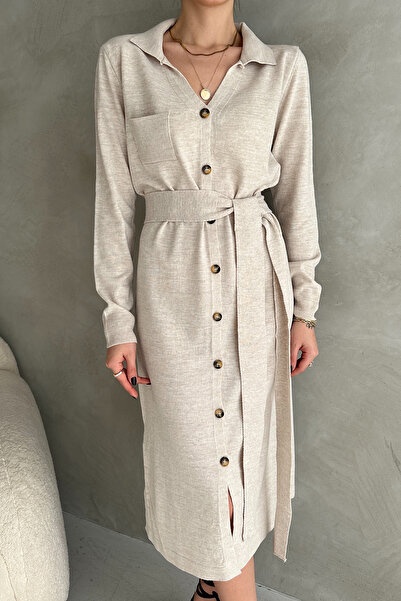 EYYE Кам'яного кольору трикотажна сорочка з коміром, сукня середньої довжини