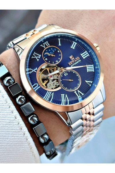 Reward Rose Gold Silver Color Automatic Mechanism Roman Numeral Men Wrist Watch + Bracelet