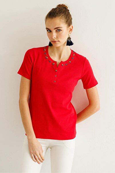 Desen Triko Women's Open Collar Beaded Embroidered Cotton T-Shirt Red