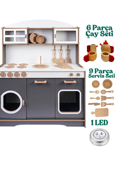 HOBBY HOUSE Ahşap Oyuncak Çocuk Mutfak Çay Seti ve Led Hediyeli Antrasit