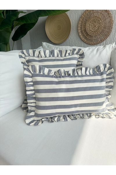 Decamor home Indigo Blue Ecru Striped Premium Linen Fabric Frilly Throw Pillow Cover 1 Pc