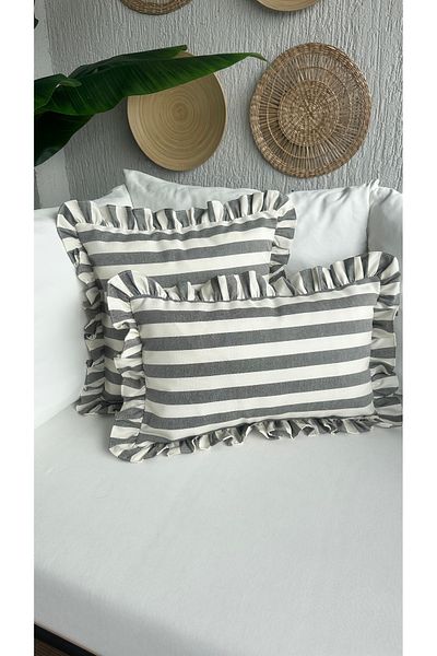 Decamor home Smoked Gray Ecru Striped Premium Linen Fabric Frilly Throw Pillow Cover 1 Pc