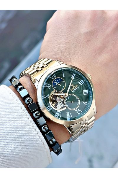 Reward Gold Color Automatic Mechanism Roman Numeral Men's Wrist Watch + Bracelet