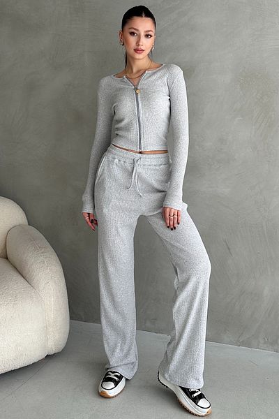 EYYE Gray Melange Camisole Pants Zipper Blouse Women's Bottom Top Set