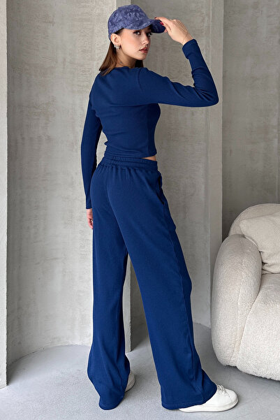 EYYE Sötétkék Camisole nadrág, cipzáras blúz, női alsó felső szett