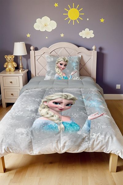 EVPANYA Snow Crystal Gray Elsa Patterned Single Duvet and Pillowcase