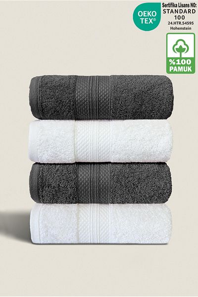 Ellaline 4-Piece Towel Set 100% Cotton Certified, Hand / Face / Kitchen Towel Set Anthracite - White 50X80Cm