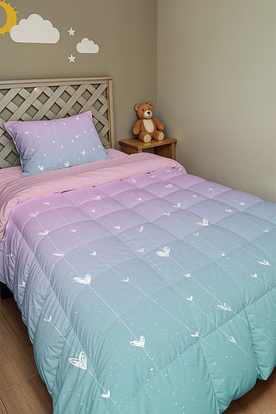 EVPANYA Pink Blue Hearts Patterned Single Duvet and Pillowcase