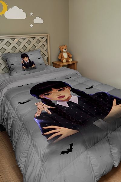 EVPANYA Gray Wednesday Addams Patterned Single Quilt and Pillowcase