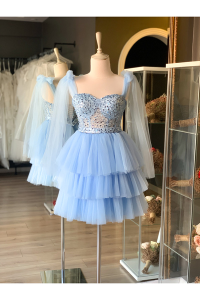 Lenta Moda Buz Mavi Sıvama Dantel Kaplı Mini Gece ve Parti Elbisesi