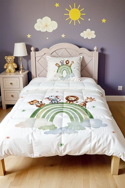 EVPANYA Green Rainbow and Safari Patterned Single Duvet and Pillowcase