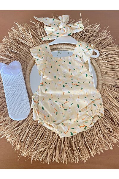 EBRU ÖZÖRGÜCÜ Kız çocuk çiçekli romper bandana ve file çorap takım