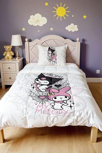 EVPANYA Cool Kuromi and Confused My Melody Patterned Single Quilt and Pillowcase