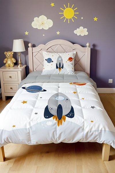 EVPANYA Rocket and Space Patterned Single Duvet and Pillow Case