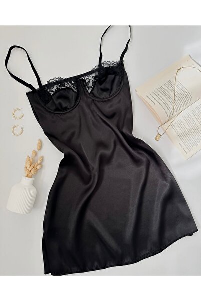 SATTENS SEXY femei satin NIGHTWEAR - Mini rochie de seara decoltata cu detaliu din dantela cu sarma