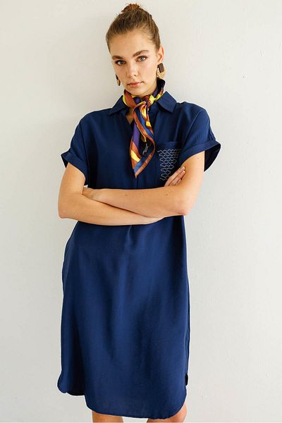 Desen Triko Rochie de damă cu gât polo cu buzunar cu lanț, albastru bleumarin