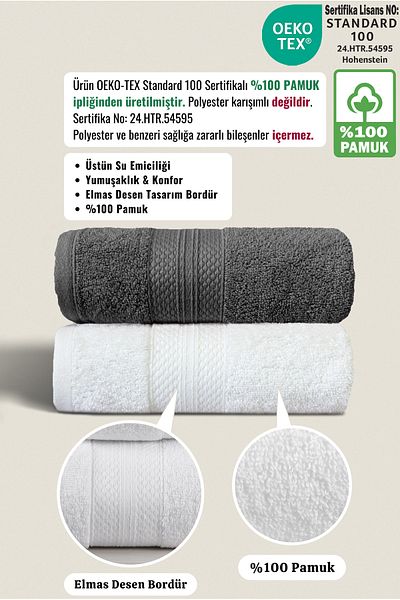 Ellaline Towel Set of 2 100% Cotton Certified, Hand / Face / Kitchen Towel Set Anthracite - White - 50X80Cm