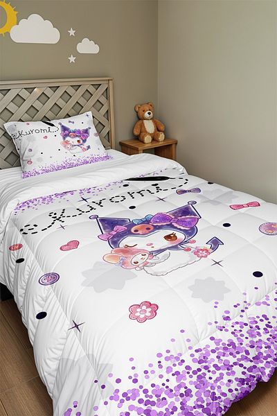EVPANYA Purple Glitter and Cute Kuromi Patterned Single Quilt and Pillowcase