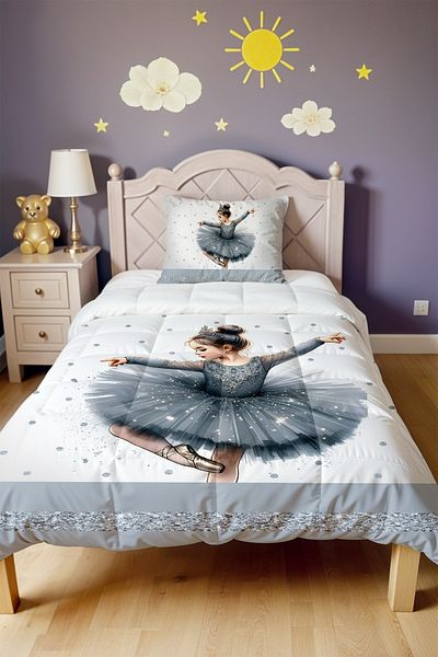 EVPANYA Gray Ballerina Patterned Single Duvet and Pillowcase