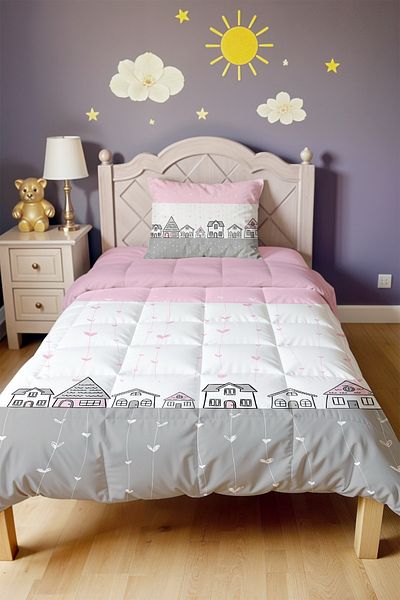 EVPANYA Pink Gray Houses Patterned Single Duvet and Pillowcase