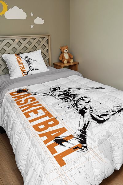 EVPANYA Orange Gray Basketball Player Patterned Single Duvet and Pillowcase
