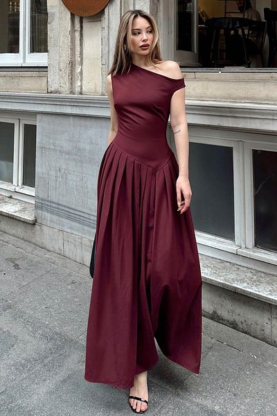 Swist Rochie midi de damă cu guler diagonal burgundă cu talie asimetrică plisată