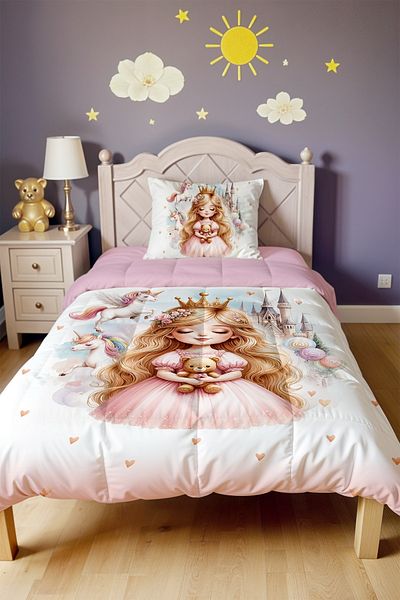 EVPANYA Golden Haired Princess Patterned Single Duvet and Pillowcase
