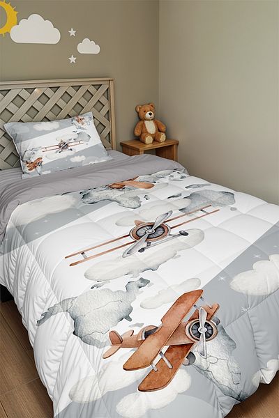 EVPANYA Gray Side Striped Airplanes Patterned Single Quilt and Pillowcase