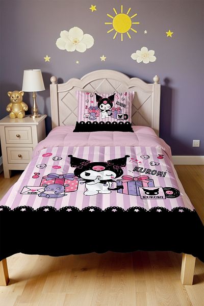 EVPANYA Lilac Striped Partici Kuromi Patterned Single Quilt and Pillowcase